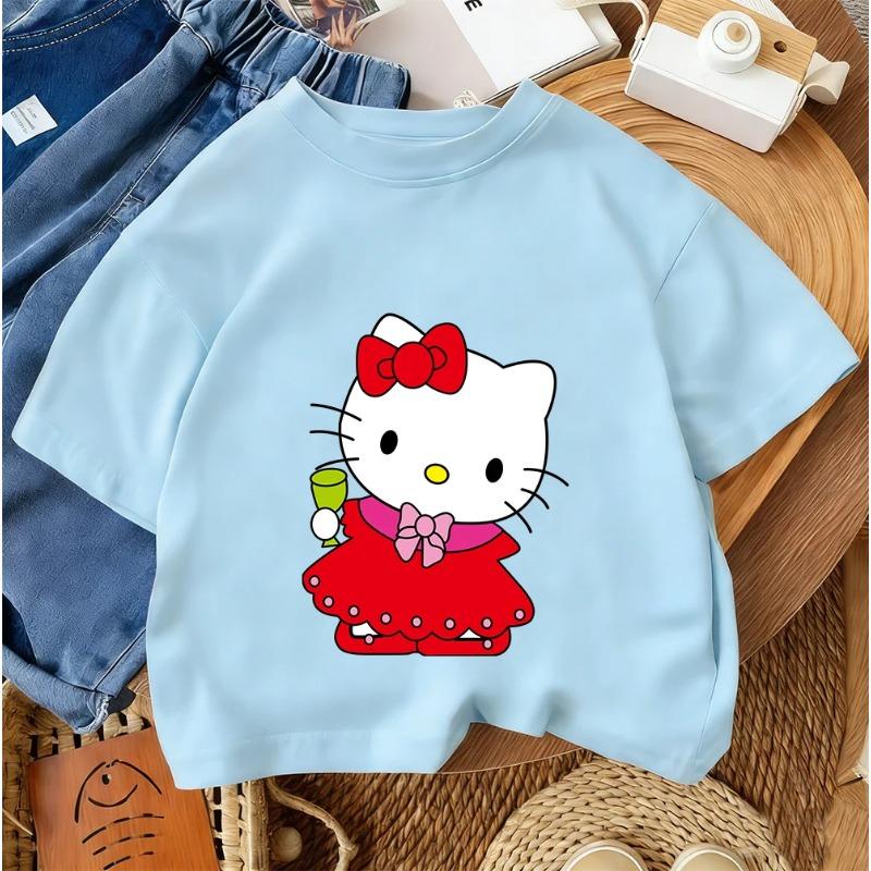 Summer Cute Casual Round Neck Top Street Style Children's Hello Kitty Cartoon Fashion T-Shirt