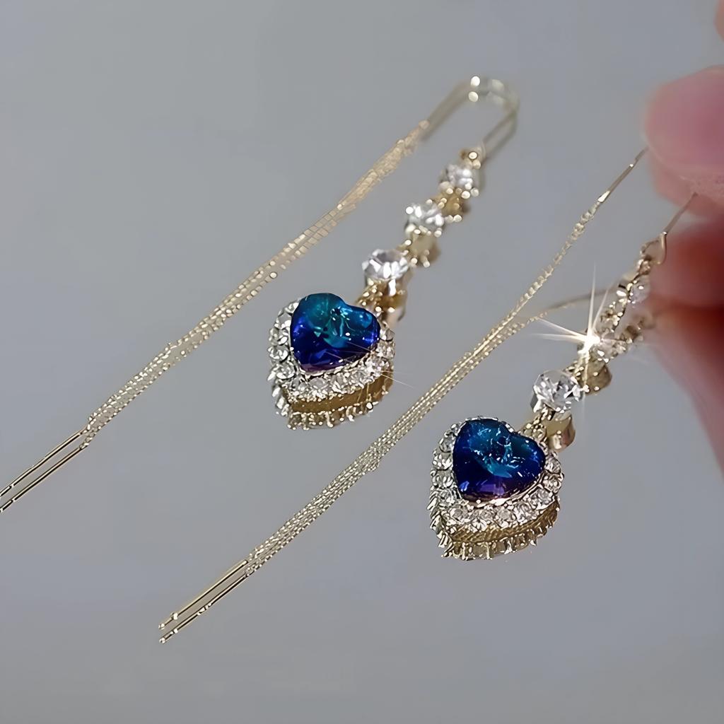 Exquisite Blue Heart Shape Zircon Earrings For Women Luxury Long Tassel Ear Line Dangle Earring Wedding Party Jewelry For Women
