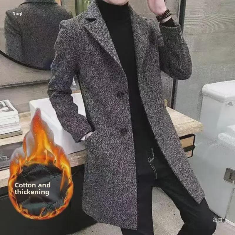 Men's Slim Fit Woolen Windbreaker - Korean Style, Mid-Length, Warm for Autumn and Winter