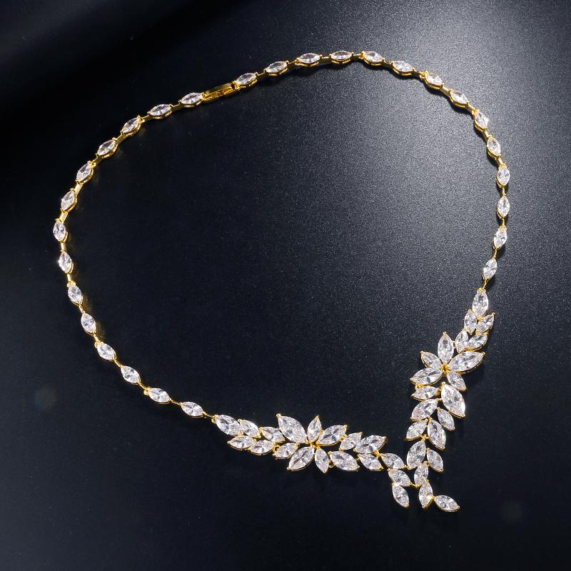 ZAKOL Luxury Brilliant Full Zirconia Leaf Flower Necklace for Women Elegant Dubai Nigeria Bridal Wedding Party Zircon
