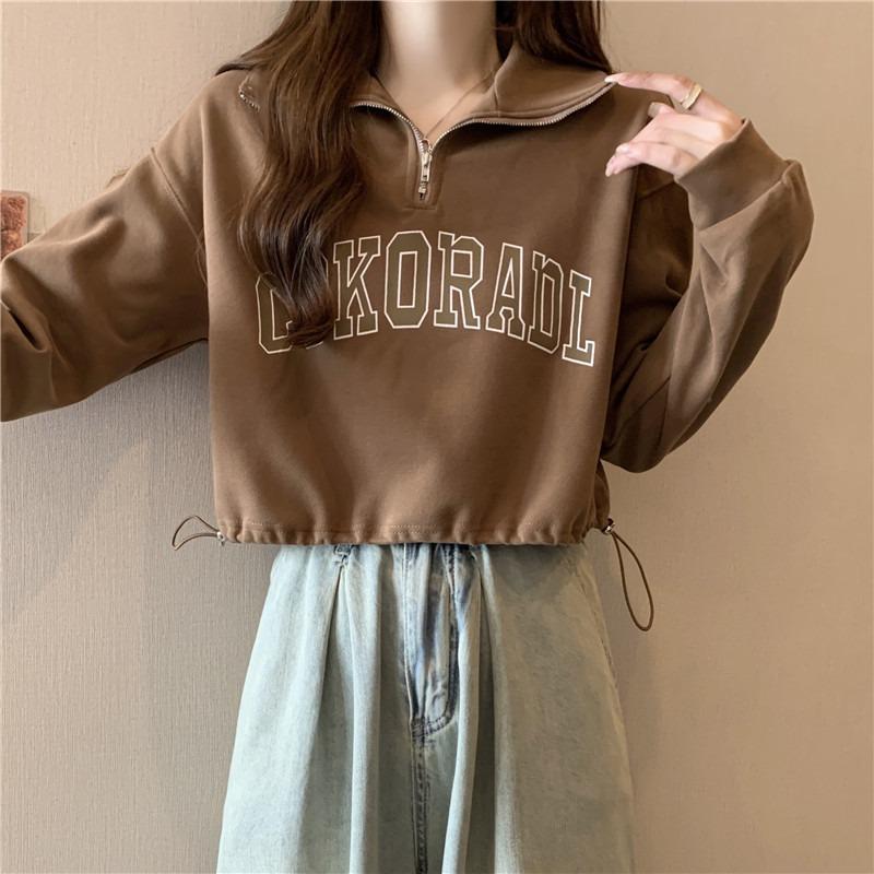 Half zipper PO neck sweater women's thin loose drawstring hem real shot short long sleeves on clothes