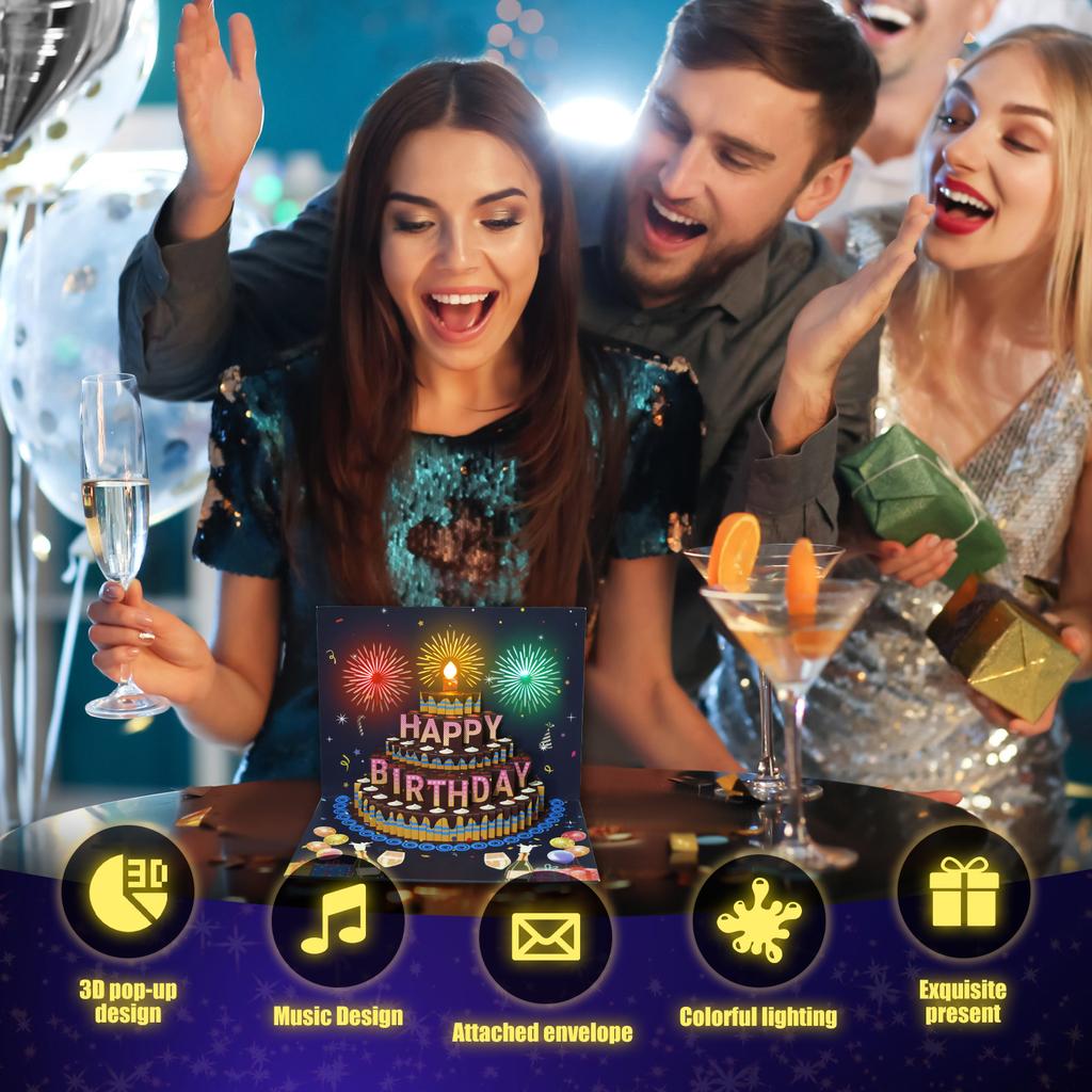 Feuerwerk Geburtstage Grußkarten Schöne Grußkarten mit Lichtern und Kuchen Musikalische Pop-Up Feuerwerkskarten Geburtstagsgeschenk