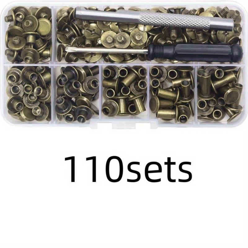 

110 Sets of Alloy Nails, Cross Screws, Belt Buckles, Rivets in 3 Colors, Multiple Sizes - Perfect for DIY Leathercraft Projects! бронзовий