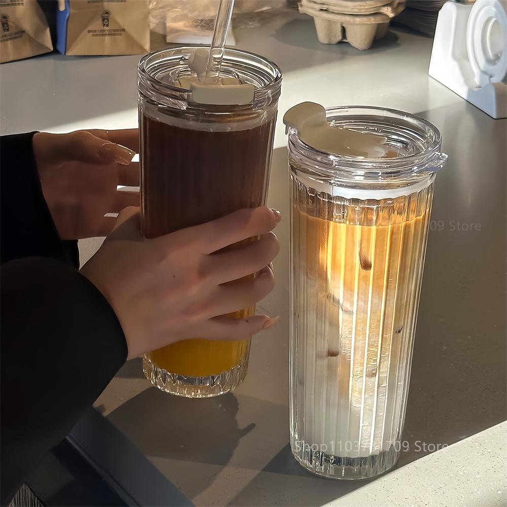 600ML Stripe Glass Cup With Lid and Straw Thickened Transparent Coffee Cup Drinking Glasses For Milk Tea Juice Iced Coffee Mugs