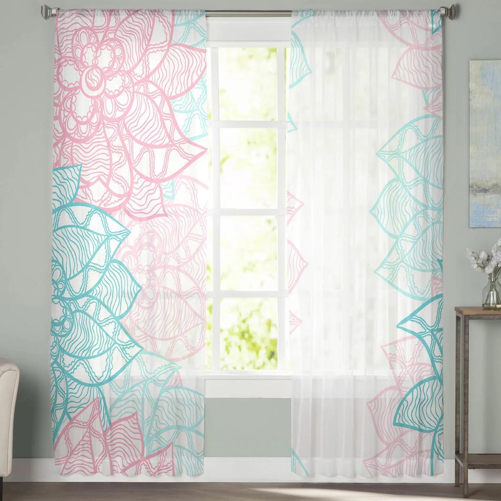 Mandala-Blumen-Linien-Textur, moderne Tüllvorhänge für Wohnzimmer, Schlafzimmer, Zuhause, Küche, Fenster, transparente Vorhänge