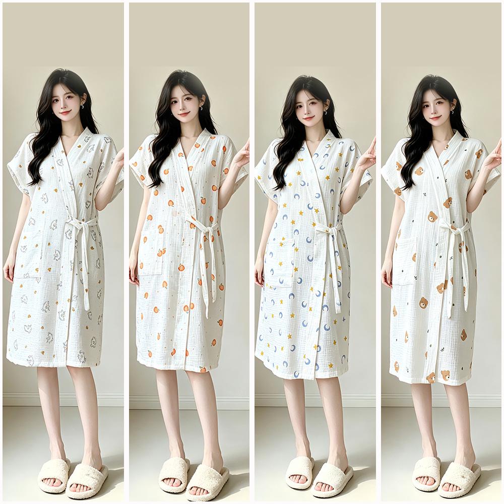 Summer Cotton Gauze Bathrobe and Skirt Pajamas