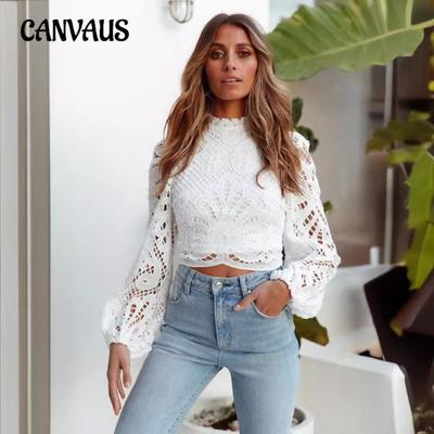 Women's New Sexy Hollow Out Long Sleeve Zipper Solid Colour Lace Shirt