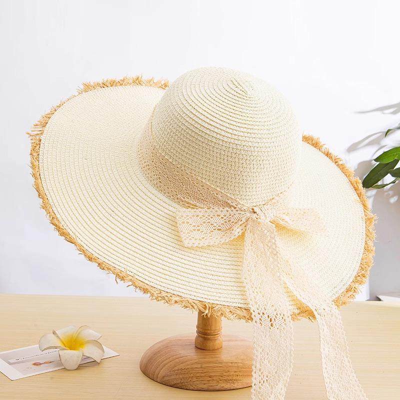 Lace Bow Straw Hat Women's Summer French Large Brim Sunscreen Hat Seaside Beach Vacation Sun Hat