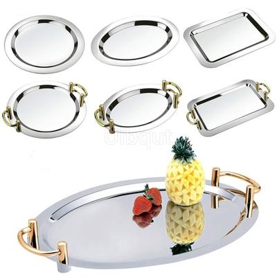 Golden Oval Stainless Steel Big Round Plate Tray Buffet Candy Cake Fruit Mirror Plate Hotel Restaurant Grill Wedding Cute Dish