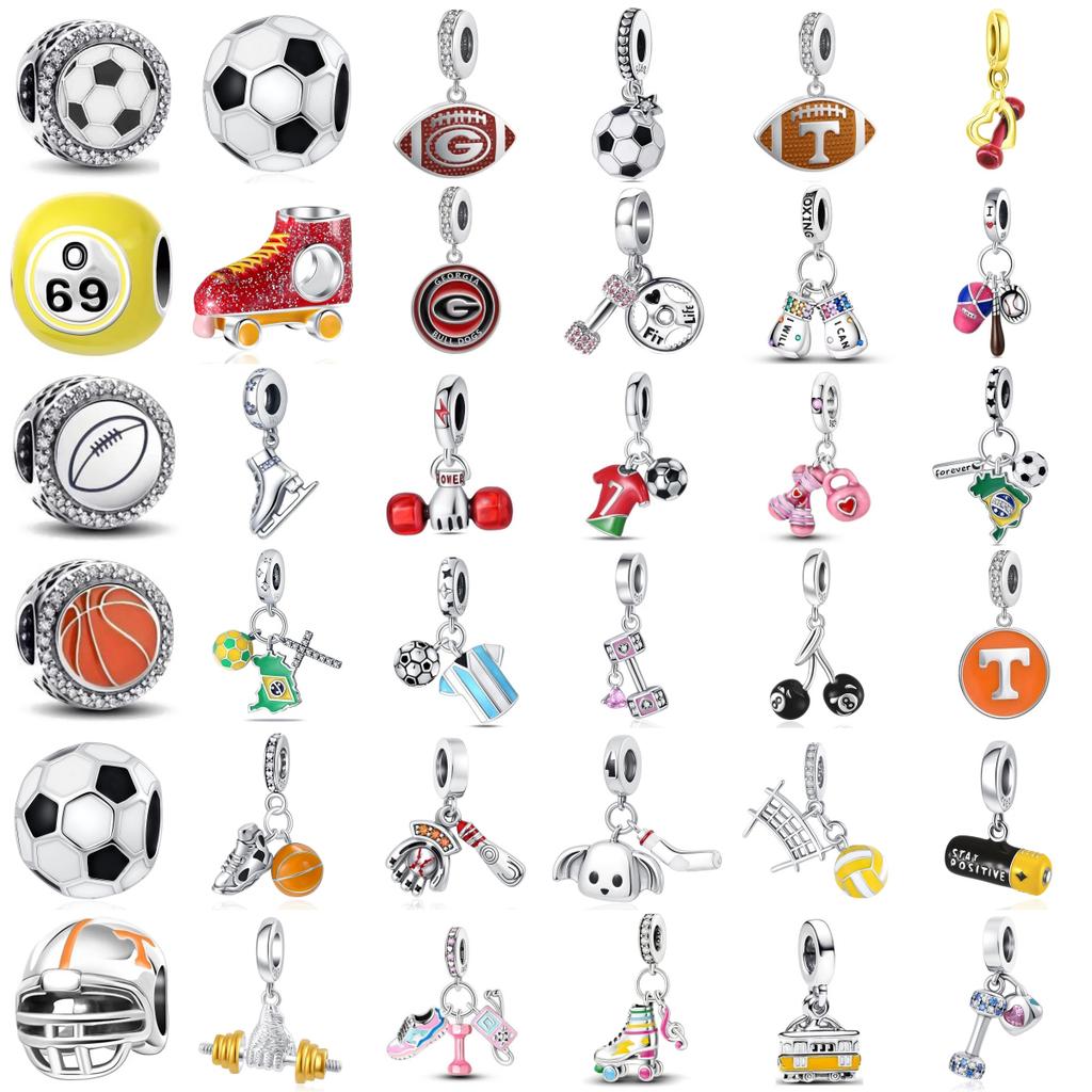 925 Silver Original Sports Series Football Basketball Rugby Dumbbell Beads Charms For Bracelet Necklace DIY Jewelry