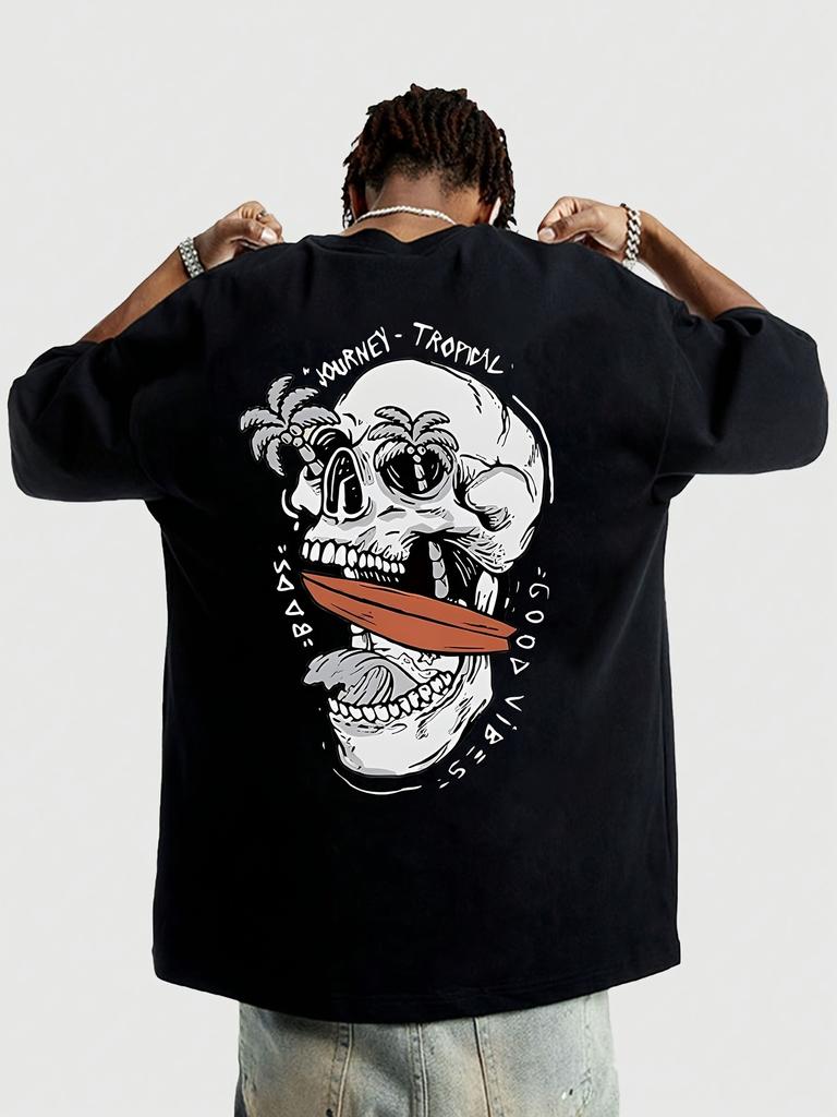 Summer Mens American Old School Style Skull Tattoo Print Tshirt Loosefitting Breathable Suitable Street Casual Versatile Wear