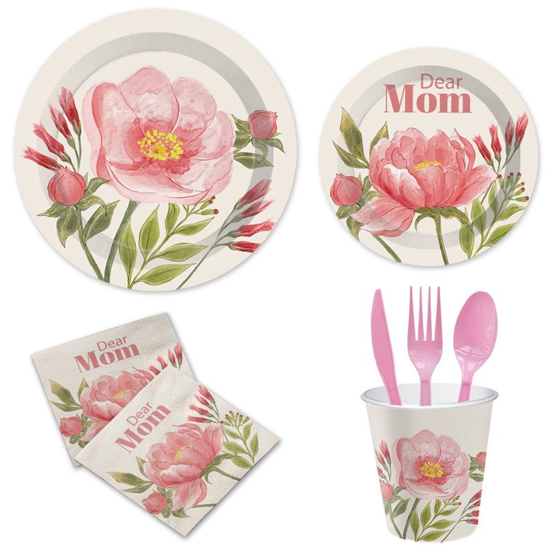 Mother'S Day Pink Flower Party Set Disposable Paper Plate Tissue Paper Cup Flag Party Decoration