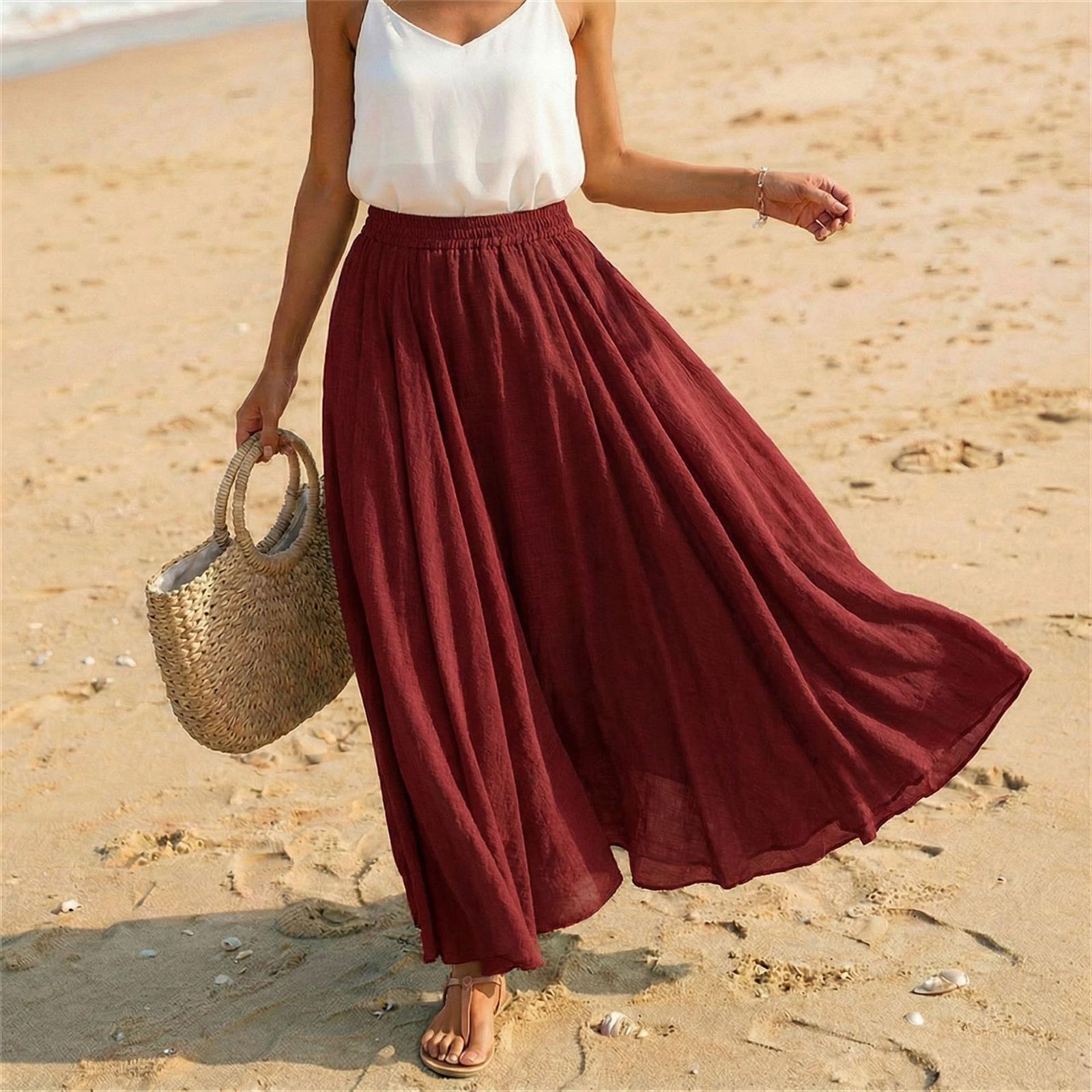 Women Casual Holiday Solid A Line Skirt Cotton Linen Long Skirt Relaxed Fit Elastic Waist Lightweight Flowing Hem Design S винный