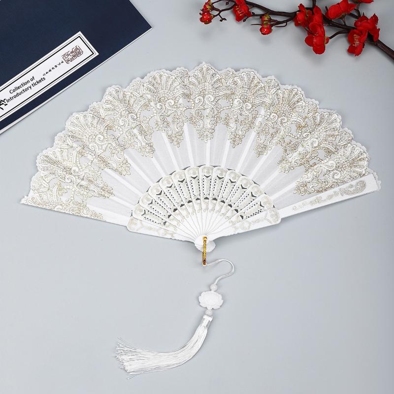 Elegant Chinese Lace Folding Hand Fan with Tassel Vintage Portable Prop for Ancient Costume Shoot Traditional Cultural Events