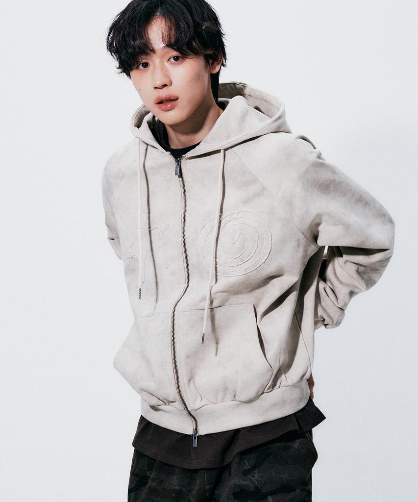 Someplace Man Sequin Star Patch Point Crack Two-Way Sweat Hooded Zip-Up Jacket [Cream]
