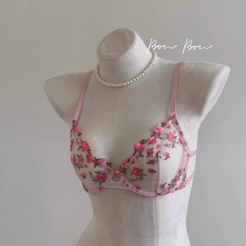 

Pink Floral Embroidered Underwire Bra with Sheer Mesh Cups and Adjustable Straps S рожевий