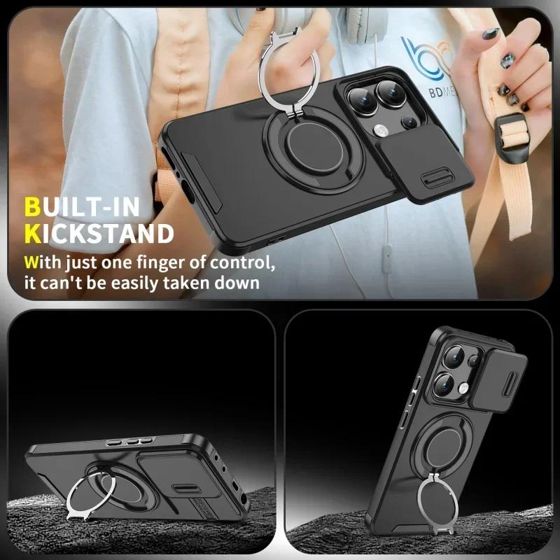 Case for Redmi Poco X7 Pro Note 14 13 Pro Plus 5G 4G Slide Camera Lens Ring Stand Shockproof Cover for Xiaomi 14T Pro 5G Funda