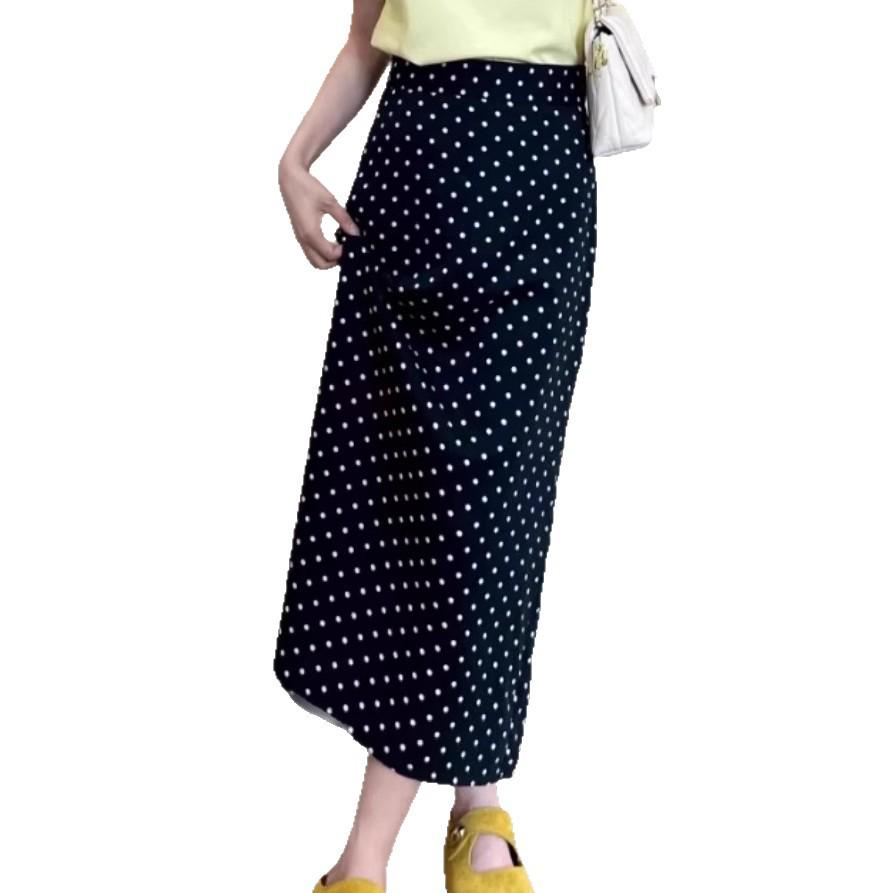 Korean Plus Size Polka Dot High Waist Slit Midi Skirt