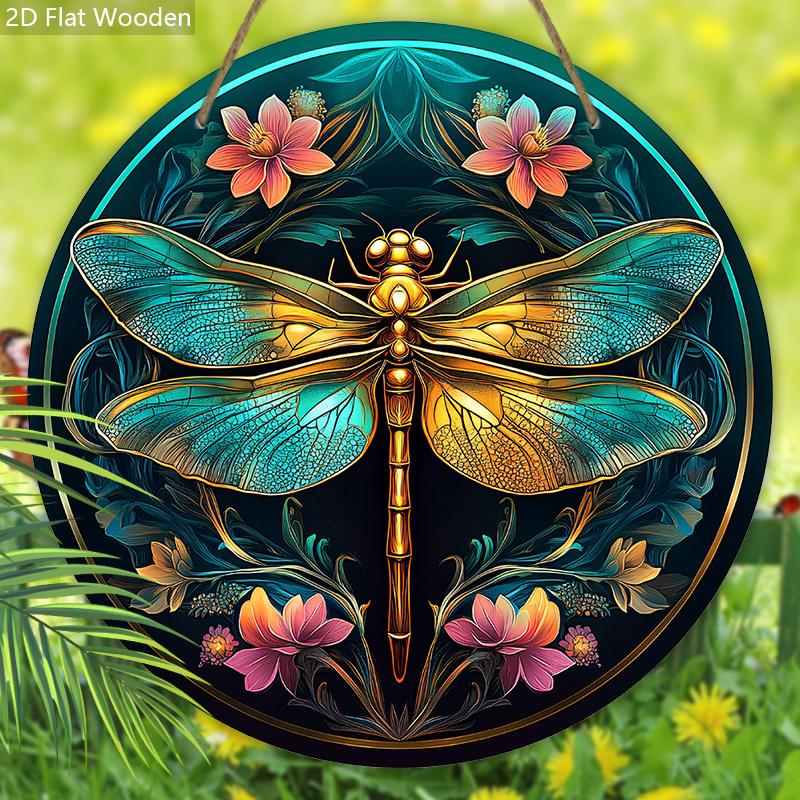 Vintage Holzschild mit Libellen- und Blumenmuster - Künstlerisches rundes Ornament für Haustür, Wandbehang-Dekor - Ideale Hängedekoration für Zuhause