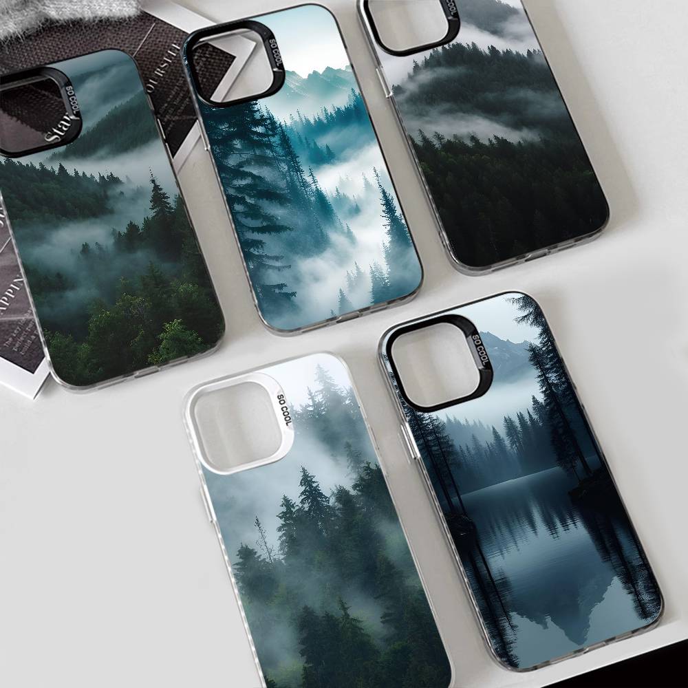 Mountain Misty Forest Phone Case for iPhone 17 17Air 16 15 14 13 12 11 Pro Max Plus Colorful Silver
