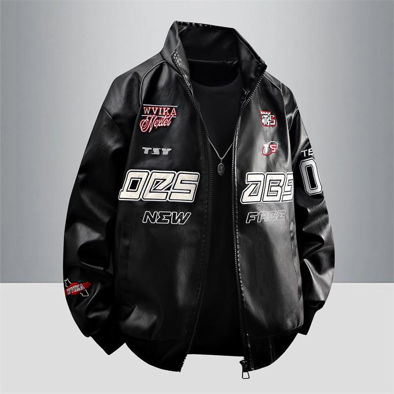 Womens Faux Leather Biker Jacket With Stand Collar Loose Fit Streetwear Outerwear