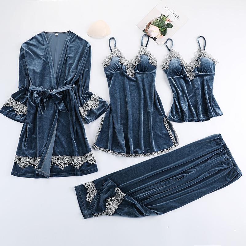 Burgunder Velours Pyjama Anzug Frauen 4PCS Kimono Robe Nachthemd Set Nachtwäsche Dame Winter Warm Gestreiften Gold Samt Bademantel Kleid