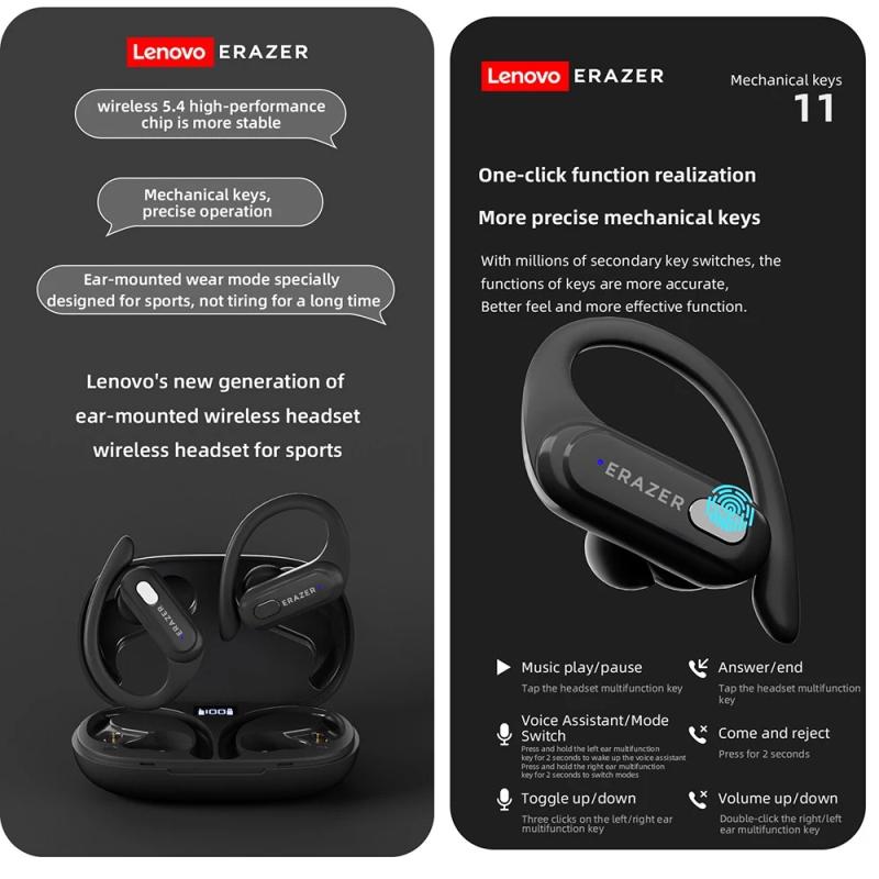 Lenovo Bezdrátová sluchátka ERAZER XT60PRO BT5.3 s funkcí potlačení hluku, vodotěsná, sportovní sluchátka s mikrofonem a digitálním displejem
