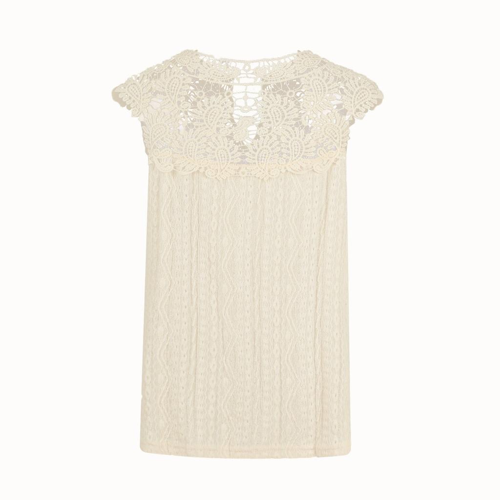 Stylish And Sexy Women's New V-neck Hollow Lace Solid Color Splicing Pullover Sleeveless T-shirt