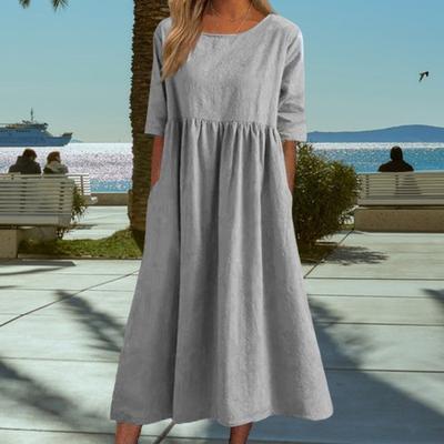 Vestido casual de verão de algodão de manga curta com bolsos, ajuste solto, gola redonda, cor sólida, plissado, vestido médio feminino para escritório, festa diária