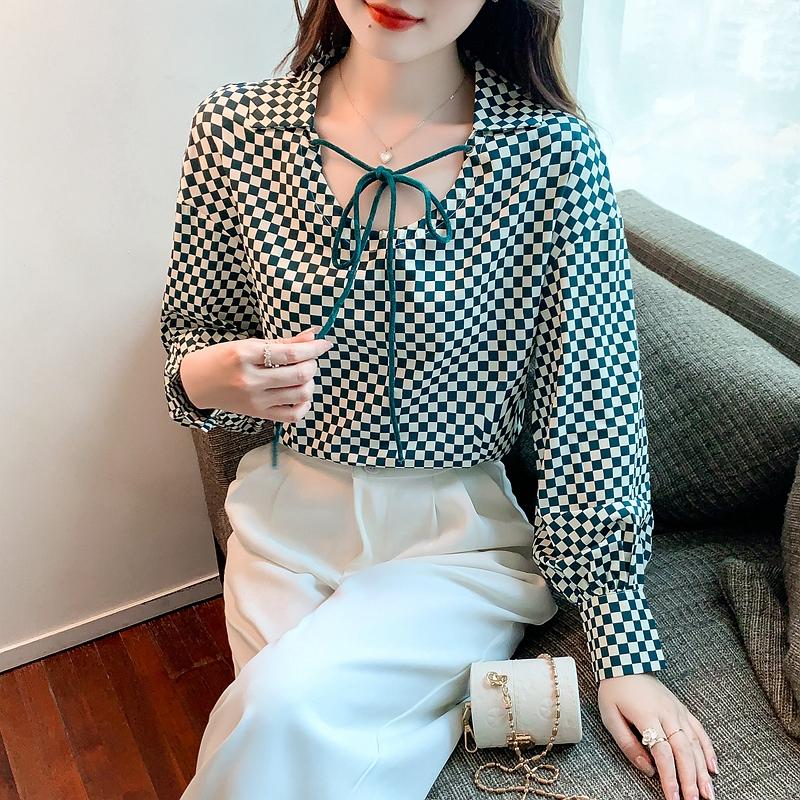 Women Blouses Shirts 2025 Spring Long Sleeve Women Blouse Shirt O-Neck Plaid Chiffon Blouse Shirt Women Tops J585