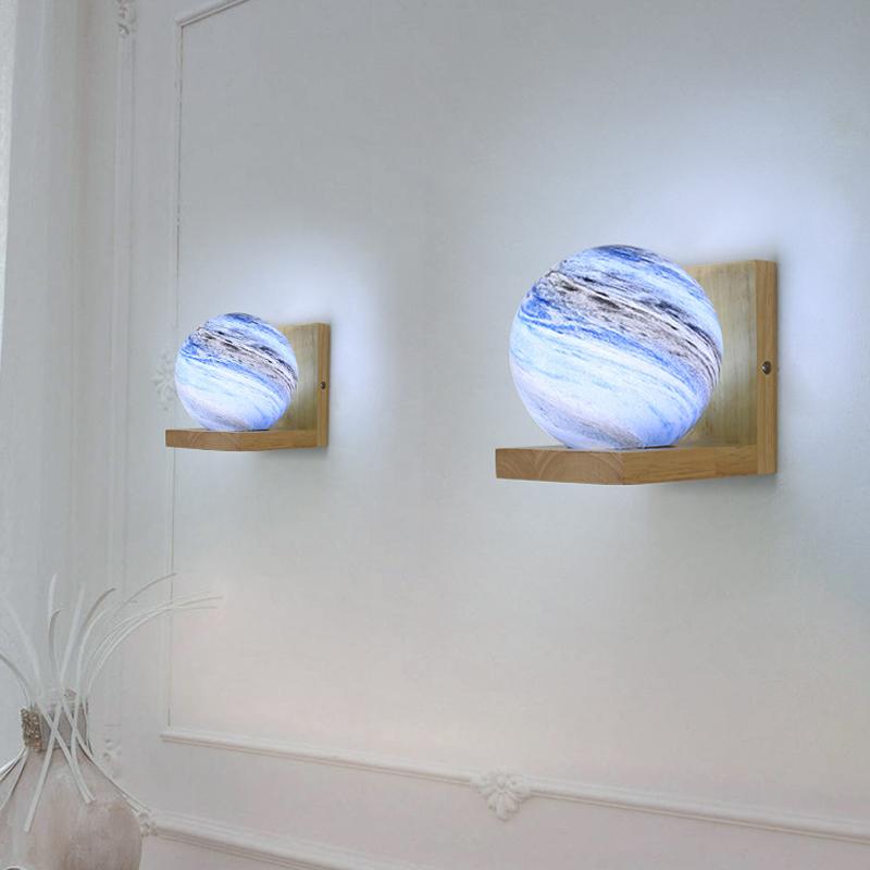 Wood Wall Lamp Nordic Starry Sky Planet Wall Sconce Children's Room Bedroom Bedside Glass Wall Lights for Home Decor