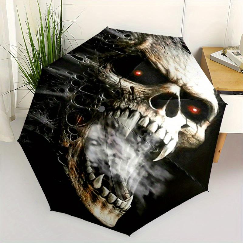 1pc Gothic Skull Umbrella - 8-Rib Frame, Automatic Open Compact Travel Umbrella, Lightweight & Durable with Intricate Black &