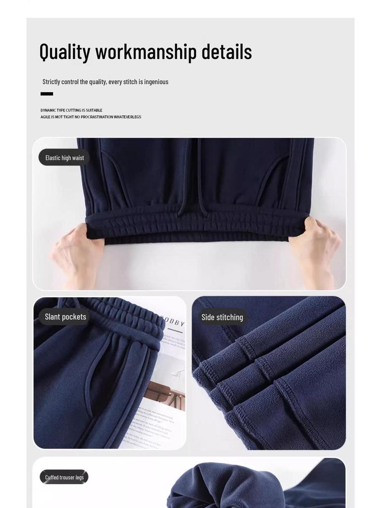 Women's Dark Blue Fleece-Lined Windproof Harem Sweatpants - Loose, Cuffed, Thick, and Warm for Autumn and Winter