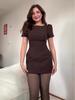 European & American Women's Solid Color Slimming Short Dress – Round Neck, Short Sleeve, Waist-Cinched 