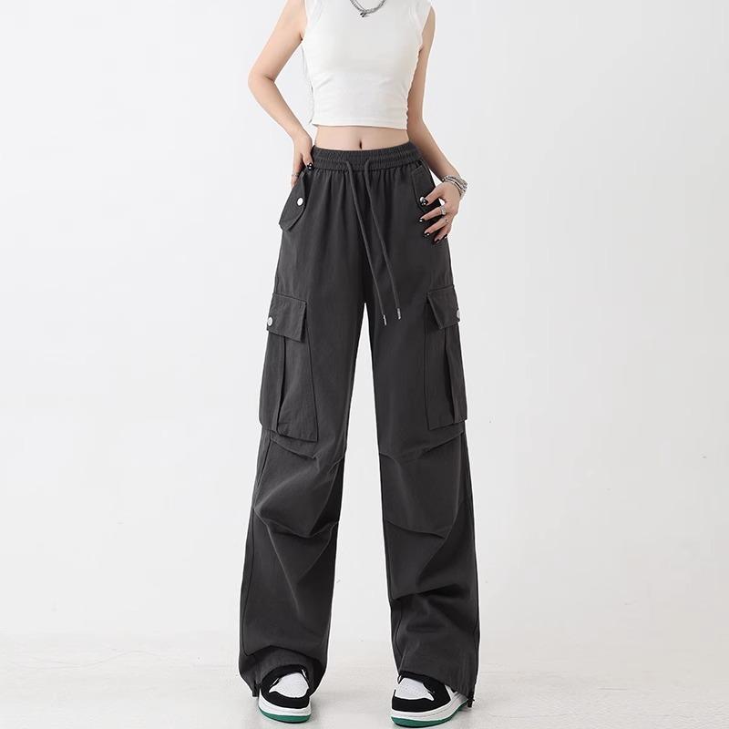 Retro Work Pants for Women In Spring and Autumn New Casual High Waist Straight Drawstring Tie Feet Wide-leg Long-cut Trousers
