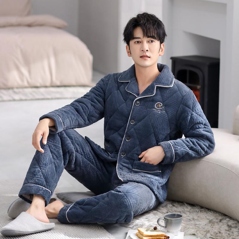 Pajamas Men'S Winter Winter Three-Layer Fleece Thickened Warm Clip Padded Jacket Large Size Coral Fleece Homewear Set Winter