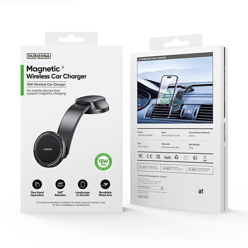 15W Magnetic Car Phone Holder & Wireless Charger with Suction Cup - QI Fast Charging & Navigation Support