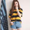 Women Yellow and Black Striped Round Neck Collar Loosen Half Sleeve T-Shirt  Casual Blouse Tops