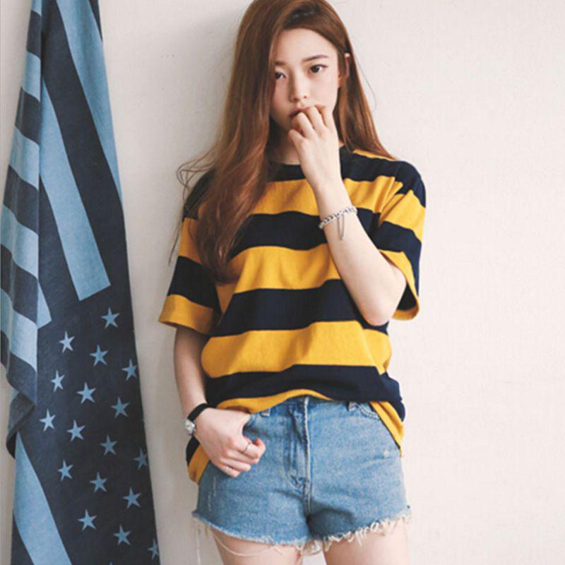Women Yellow and Black Striped Round Neck Collar Loosen Half Sleeve T-Shirt Casual Blouse Tops