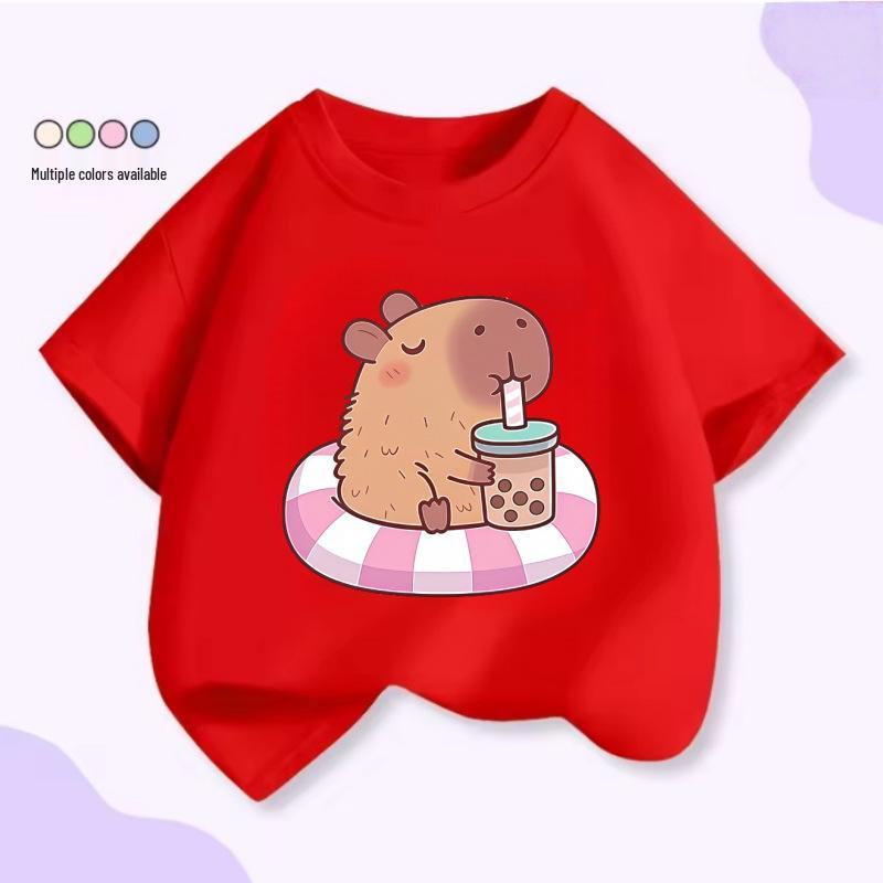 Unisex Kids’ Cute Capybara Milk Tea Cartoon T-Shirt - Loose Summer Casual Short Sleeve Top