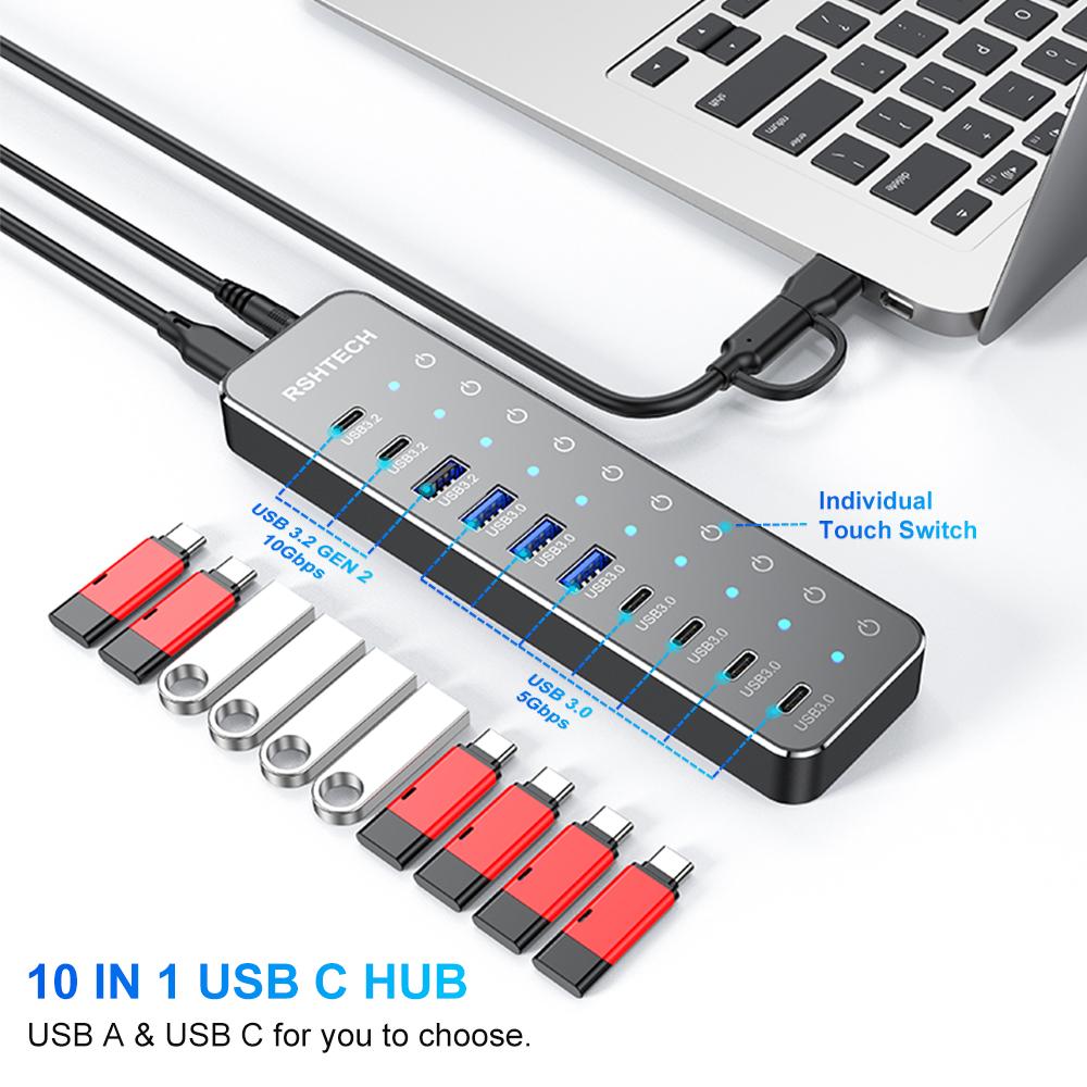 RSHTECH Usb C Hub 2024 5/10Gbps High Speed Data Transmission 10 In 1 Multi-port Usb Hub for Laptop Mac