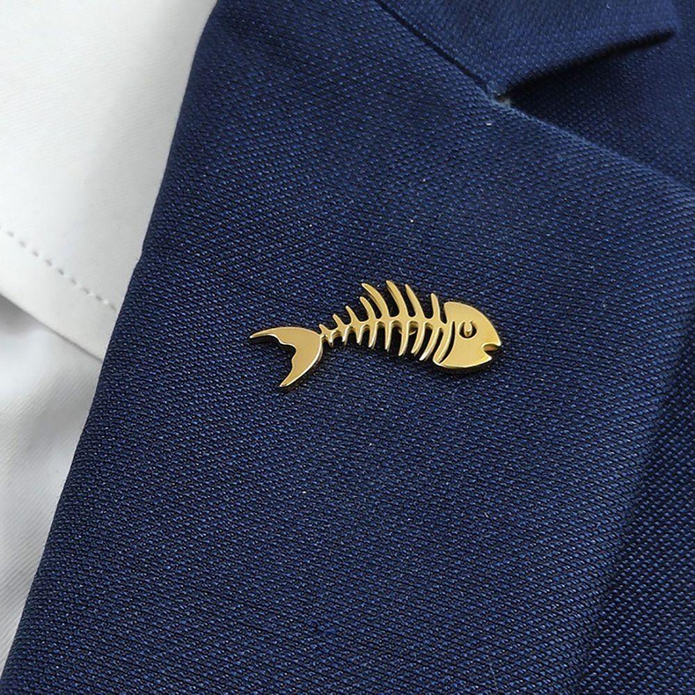 Stainless Steel Men's Collar Brooch Hollow Design Fish Skeleton Lapel Pin  Formal Wear