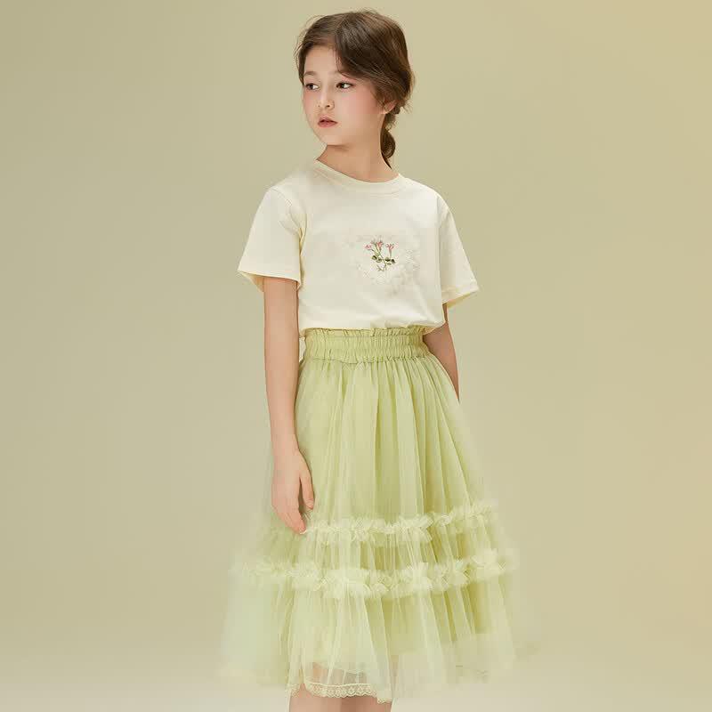 Girls' Sweet Lace Heart T-Shirt & Skirt Set