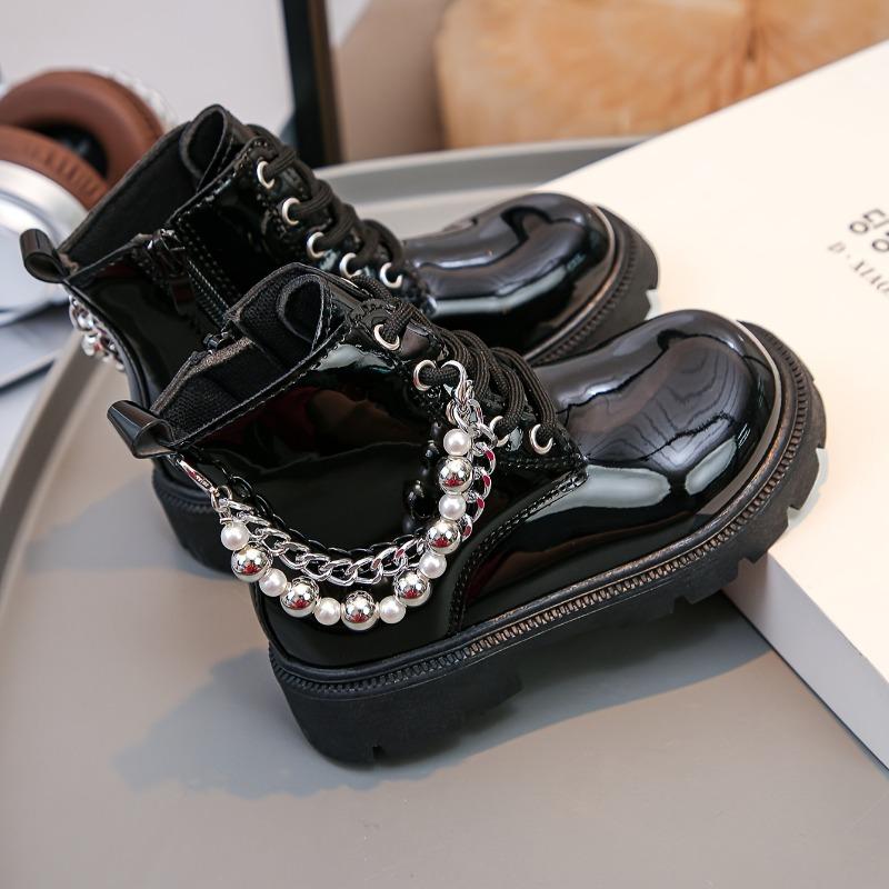 

Подростковые черные полусапоги, украшенные жемчугом, легкая толстая подошва, застежка-молния, мягкая ткань, мальчики девочки, всесезонные, повседневные, уличные туфли 36 чёрный