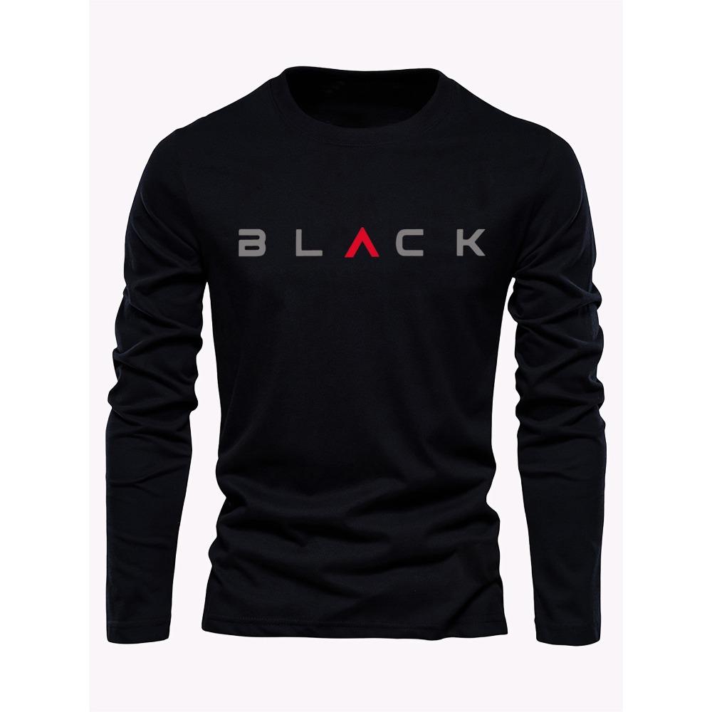 Men's 100% pure cotton loose fit plus size comfortable casual sports BLACK letter printed round neck long sleeved T-shirt top
