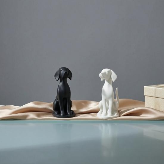 3D Printed Geometric Dog Sculpture Modern Minimalist Desk Decor Matte Black & White