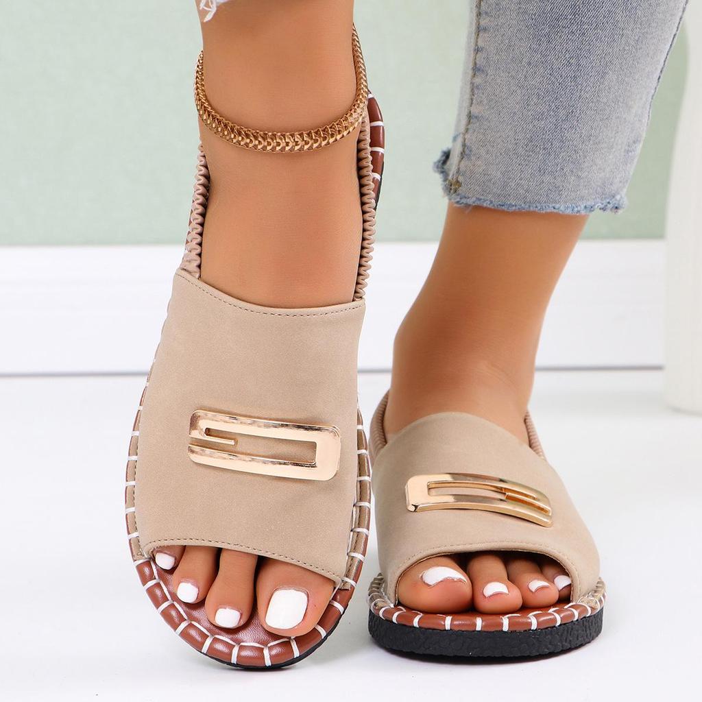 Women's European & American Flat Sandals with Elastic Fabric Band and Metal Accents, Plus Size, Beach-Ready.