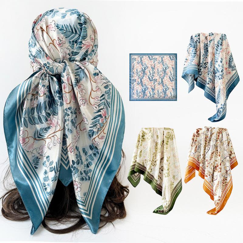 New-style Headscarf, 90cm Silk Scarf, Fresh Floral Print, Square Scarf, Ladies’ Large Scarf