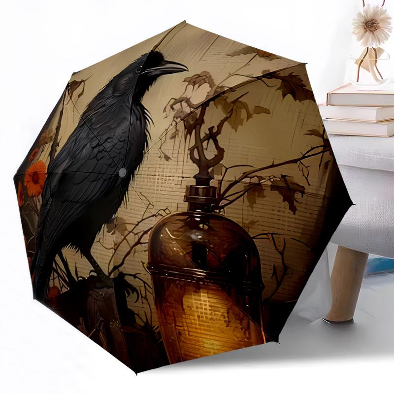 Stained Glass Raven Automatic Umbrella Sturdy 8-Rib Shaft Durable Plastic & Iron for Women/Men Elegant Umbrella Stylish Gift for Women
