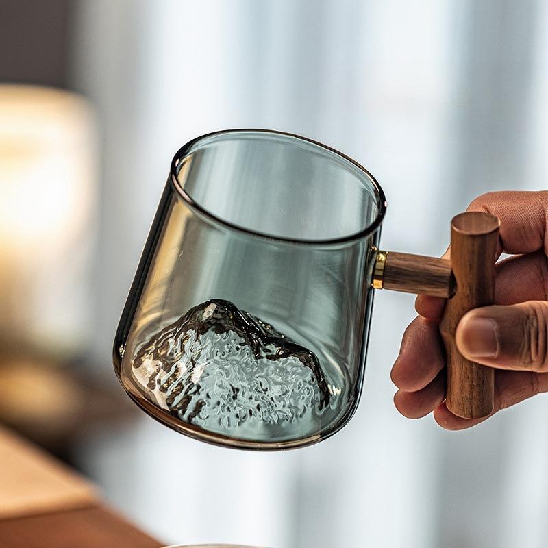 Office Men and Women High Temperature Resistant Glass Green Tea Cup Wooden Tea Water Separation Glass Brew Tea Cup Mountain View Glass Cup